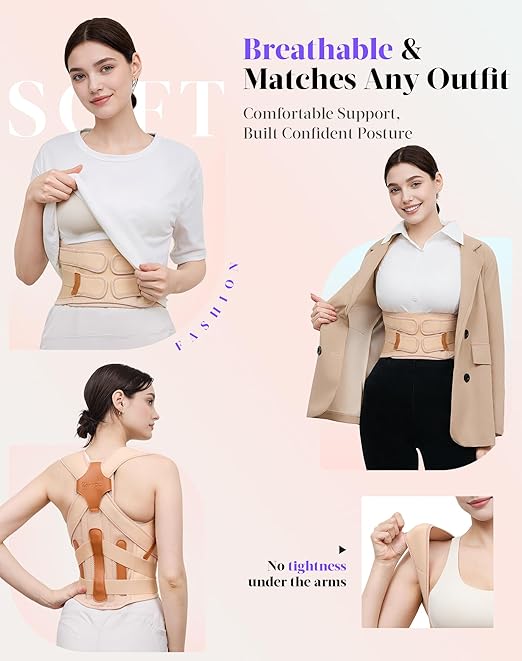 Kepwaa Posture Corrector for Women and Men, 5 Full Back Support Brace Rods, Adjustable Shoulder Straightener, Relief for Upper and Lower Back, Neck, Lumbar, Scoliosis, Hump, Beige, Small