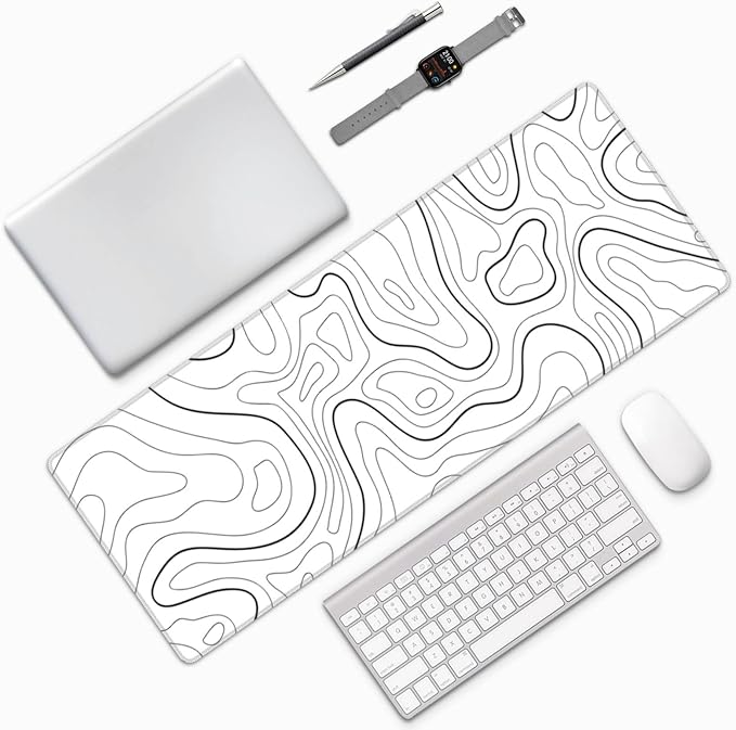 Extended Gaming Mouse Pad, Large Gaming Mouse Waterproof with Stitched Edges, Non-Slip Desktop Pad for Home and Office, Level Up Your 31.5x11.8 Inchโฆ (White Topographic)