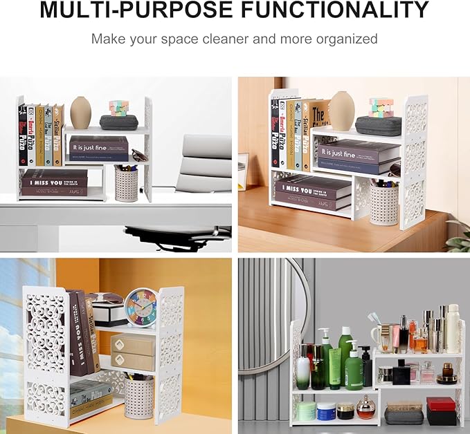 EARTHSON Desk Organizer Shelf, Expandable Bookshelf for Desk, Small Desktop Bookshelf, Mini Cute White Adjustable Office Desk Shelves
