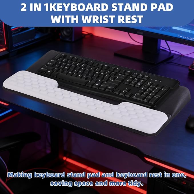 Keyboard Stand with Wrist Rest,Ergonomic Wrist Pad Memory Foam Keyboard Riser Holder Tray with Non-Slip Base, Pain Relief for Work Study Game (Black and White)