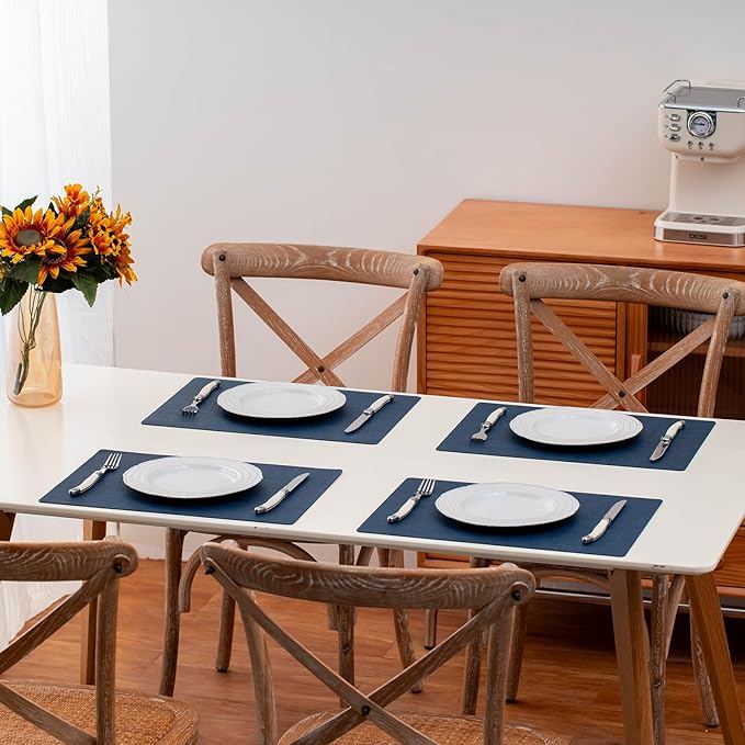 Vinyl Placemats Set of 4 - Faux Leather 100% Waterproof Oil-Proof Wipeable PU Place Mats, Heat Resistant Reversible Table Mats for Kitchen, Dining, Outdoor (Navy Blue)