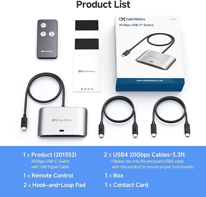 Cable Matters 20Gbps USB C KVM Switch for 2 Computers, Up to 8K@30Hz on Windows, 4K@60Hz on macOS, 140W PD, for Sharing a USB-C/Thunderbolt 4 Monitor or Dock (Not for Dock with an Attached Cable)
