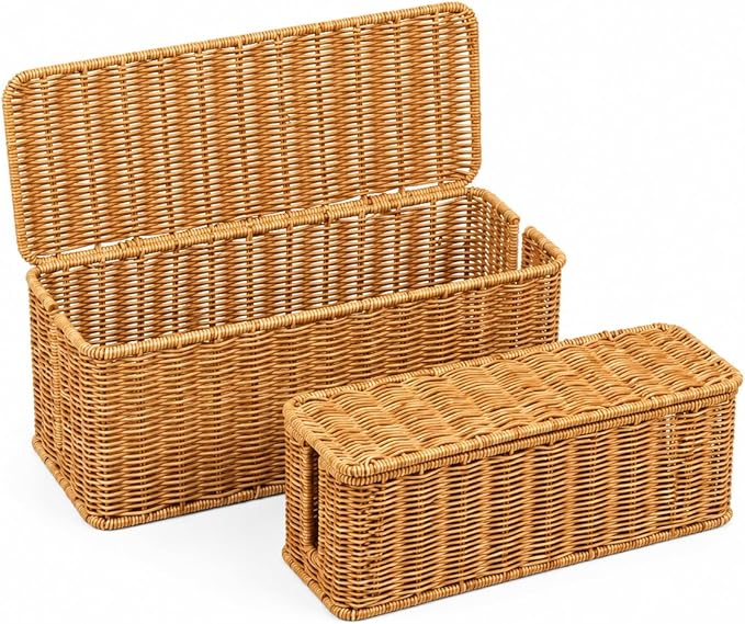 Cable Management Box Set of 2 Sizes, Handmade Rattan Cable Organizer with 2 Open Slots, Cord Hider for Power Strip, Router & USB Hub, Registered U.S. Design Patent (D1,112,102), Natural