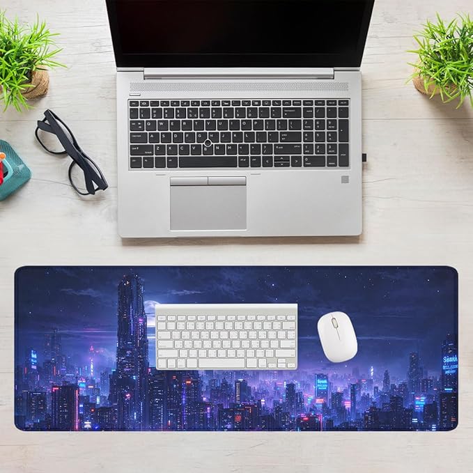 Neon City Gaming Mouse Pad Night Skyline Extended Gaming Mouse Pad Mat with Stitched Edge Non-Slip Base Office Computer Keyboard Laptop 31.5"x11.8"