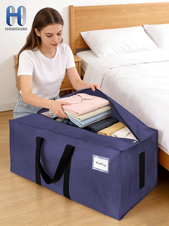 80 Pack Large Strong Moving Bags with Zippers & Carrying Handles - Water-Resistant - Heavy Duty Storage Tote for Space Saving, Fold Flat, Alternative to Moving Box (Blue)