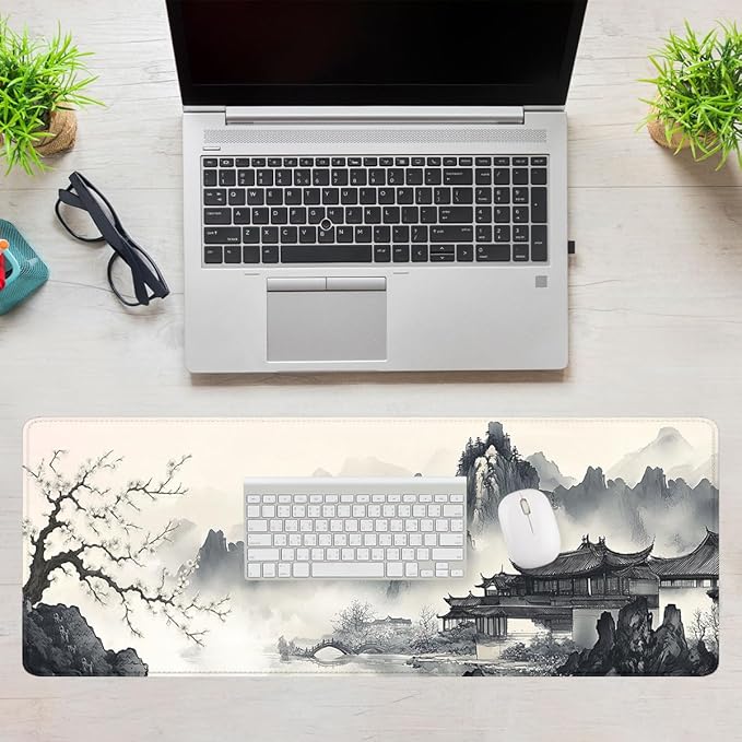 Japanese Ink Gaming Mouse Pad Black White Zen Mountain Landscape Large Gaming Mouse Mat with Stitched Edges,Non-Slip Waterproof Rubber Base Mous Mat 31.5"x11.8"