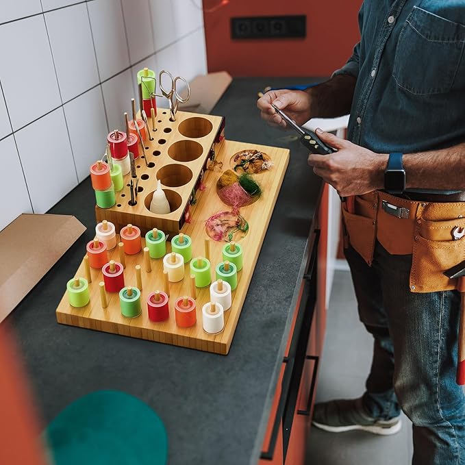 Yalikop Wooden Fly Tying Fishing Kit Organizer with Soft Magnets & Thread Spool Stand, Fly Tying Tool Caddy Desktop Storage Rack, Fishing Materials Tray Station(Simple,15 x 8.5 x 2.24 Inch)