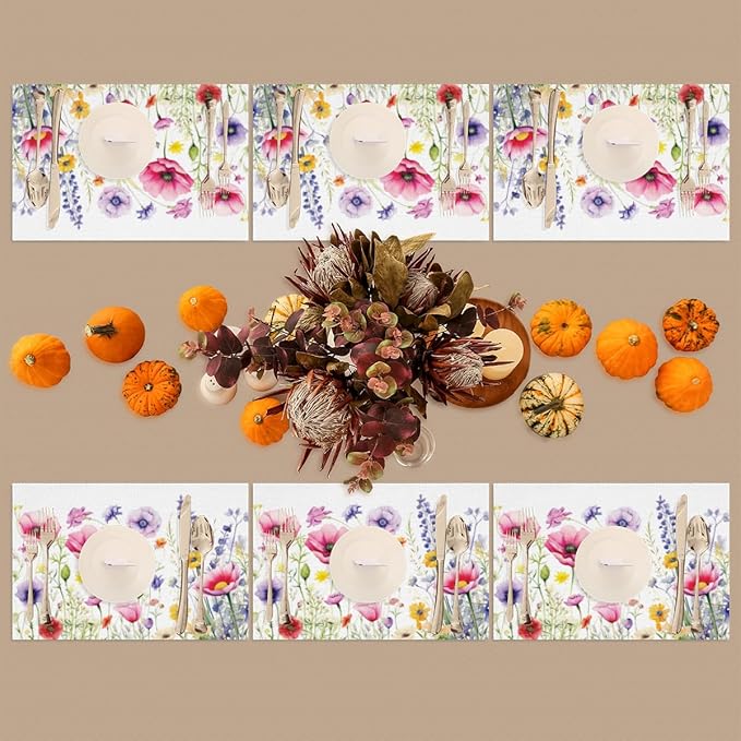 Placemats Set of 4 Heat-Resistant Rectangle Place Mats Floral Flower Grass Washable Plastic PVC Dining Table Mat Non-Slip Wipeable Woven Vinyl Placemat for Kitchen Patio Table Decor