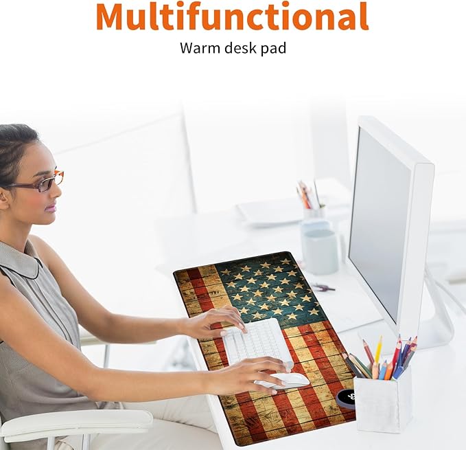 Heated Mouse Pad,Warm Desk Pad with 3 Levels Heating & 3 Hours Auto Shut-Off, PU Leather Heated Desk Pad Warmer Pad for Home Office - 23.6 x 14.2 inch,Vintage American Flag