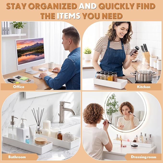 Teling 2 Pcs White Large Rectangular Desk Organizer Set, Half Accessory Tray, Plastic Tabletop Organizer for Office, Home, or Study, Dimensions: 9.45 x 2.95 x 1.38 Inches