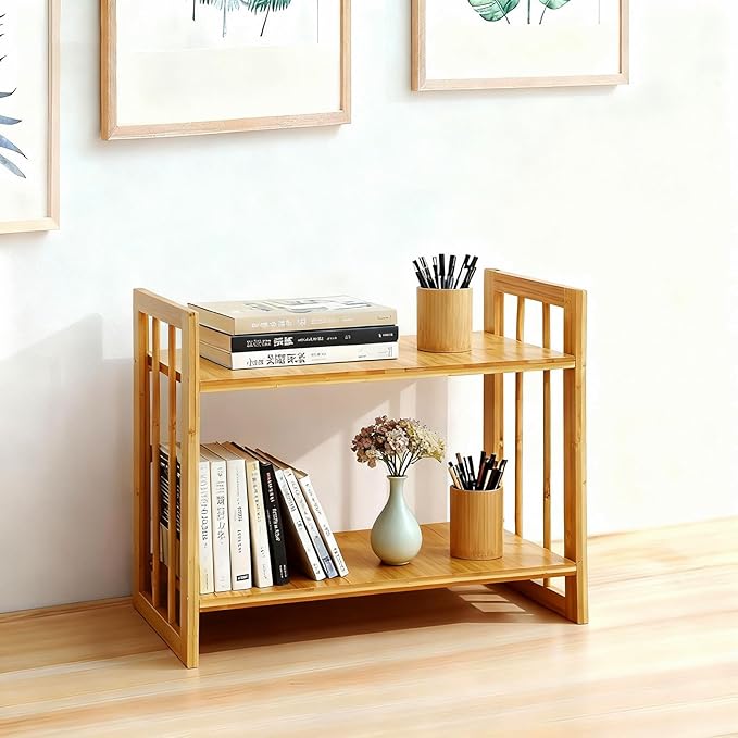 Desktop Shelf Organizer, 2 Tier Bamboo Desk Bookshelf, Desk Top Storage Rack for Office, Dorm, or Bedroom Decor, Small Tabletop Shelf for Books, Plants & Accessories