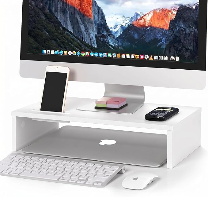 BONTEC Monitor Stand Riser, 16.7 Inch Wood Monitor Riser Stand , Desktop Ergonomic Monitor Stand Riser with Cellphone Holder and Cable Management, White