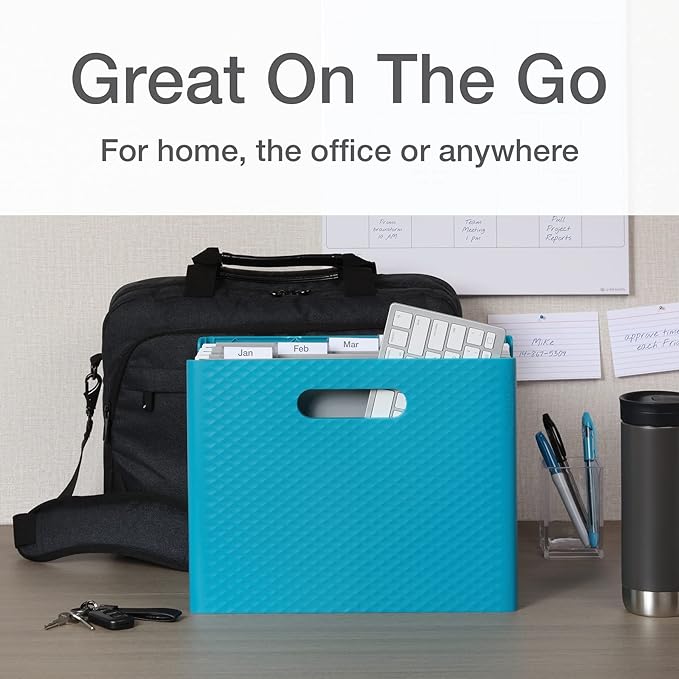 Pendaflex Mobile File Box with Handles, Portable Document Storage, File Bin for Home and Office, Easy Set Up, Collapse Down and Store Away, 13"W x 10"H x 6.5"D, Holds Letter Size Files, Teal (126120)