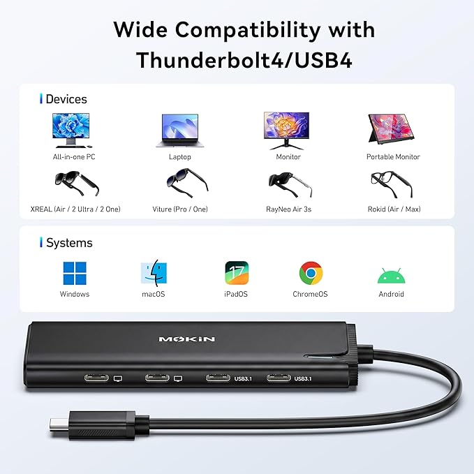 USB C to USB C Hub Dual Monitor, USBC Splitter with 4K@60Hz DP Alt Mode Video Output, 10Gbps Data Transfer, 100W PD Charging, Dual Monitors Adapter for Laptop, Portable Monitor and More Type C Devices