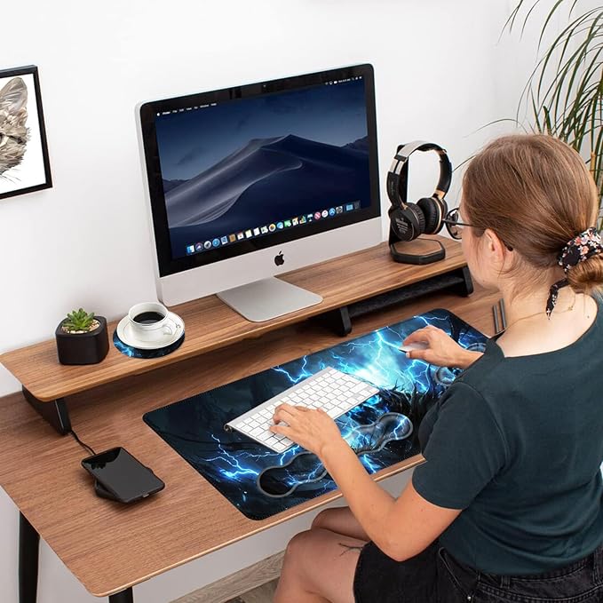 Ergonomic Mouse Pad Set with Wrist Support for Keyboard and Wrist Rest for Mouse, Memory Foam Comfort, Non-Slip Large Desk Mat for Home Office Pain Relief,Blue Glow Skull