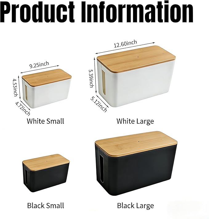 1 Large + 1 Small Cable Management Box Set – 2-Piece Cord Organizer Box, Home Office Desk Wire Storage & Cable Management Solution (Bamboo Lid/Black)