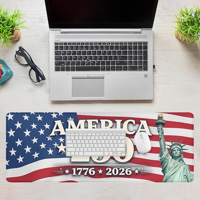 America 250 Mouse Pad Statue of Liberty America Flag Mousepad Extended Large Laptop Keyboard Non-Slip Rubber Base with Stitched Edges for Home Office Computer Keyboard Laptop 31.5x11.8 Inch