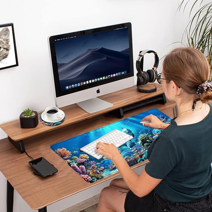 Ergonomic Mouse Pad Set with Wrist Support for Keyboard and Wrist Rest for Mouse, Memory Foam Comfort, Non-Slip Large Desk Mat for Home Office Pain Relief,Dolphin Blue Sea Floor