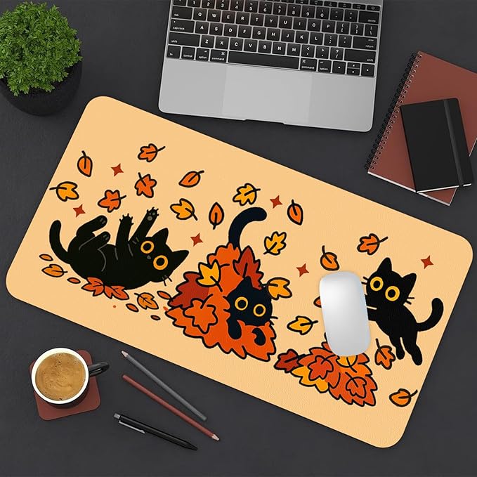 Fall Desk Mat, Black Cat Maple Leaves Large Mouse Pad for Desktop, PU Leather Waterproof Desk Pad, Computer PC Laptop Protector Gaming Mouse Pads for School Office Home Thanksgiving Decorations