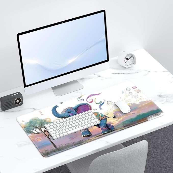 Desk Pad, 32" x 16" XXXL Extended Large Gaming Mouse Pad, Desktop Decor Desk Mat, Men Women Office Supplies and Accessories, Cute Anime Mouse Mat for Laptop & Keyboard, Colorful Elephant