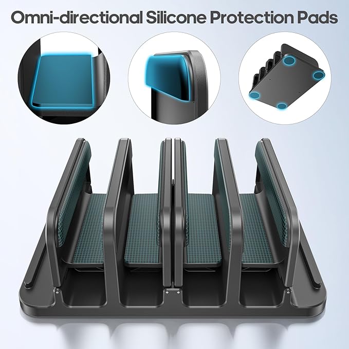 KDD 4-Slot Vertical Laptop Stand with Gravity Locking, 6-in-1 Laptop Holder Desktop Stand, Space-Saving Organizer Fits MacBook/Surface/HP/Dell/Book/Tablet/Switch/Cell Phone and Keyboard