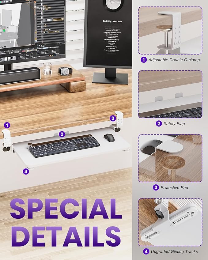 Ergonomic Mouse & Keyboard Tray Under Desk, Pull Out with Adjustable C-clamp, 20 (25.9 Including Clamps) x 11.8 Inch Slide Out Computer Keyboard Drawer Mouse Tray for Typing, White
