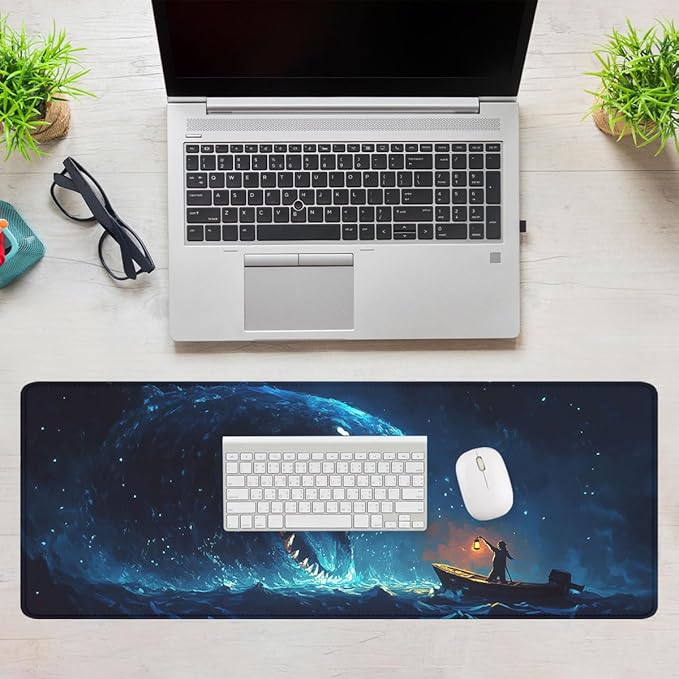 Deep Sea Monster Mouse Pad Fisherman Myth Legend Monster Extended Keyboard Mouse Mat for Computer Office, Big Laptop Mouse pad, Gaming Pc 31.5x11.8 in