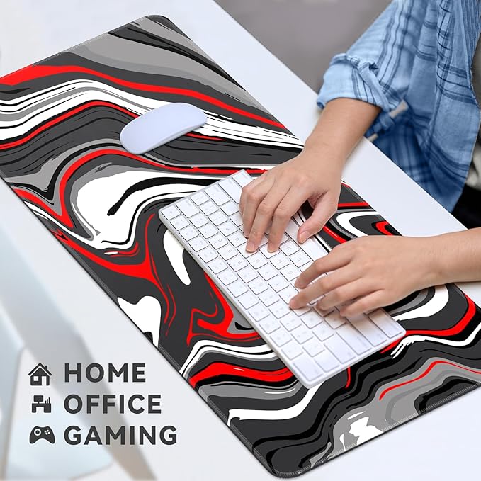 Gaming Mouse Pad Big Mousepad with Non-Slip Rubber Base, 31.5 x 11.8 in XL Large Desk Mat for Gaming Home Office, Long Keyboard Pad Mouse Mat for Computer with Stitched Edges, Grey and Red Fluid