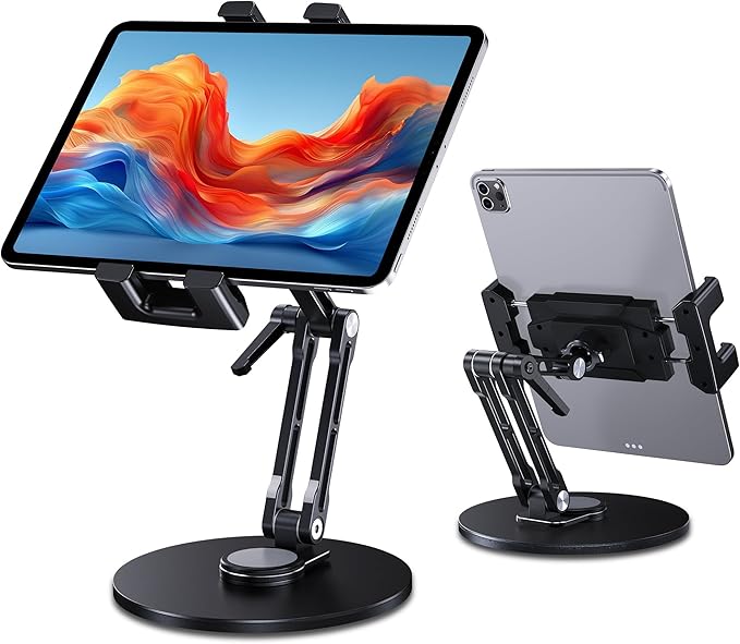 CreaDream iPad Stand for Desk, Portable Monitor Stand with Large Clamp up to 18.5", Tablet Stand Arm Holder with Heavy Duty 360° Rotating Base for 4.7"-13" Tablets, iPad Pro/Air/Mini