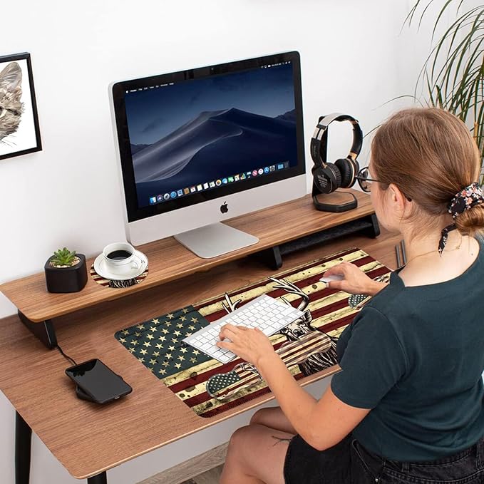 Ergonomic Mouse Pad Set with Wrist Support for Keyboard and Wrist Rest for Mouse, Memory Foam Comfort, Non-Slip Large Desk Mat for Home Office Pain Relief,Camo Deer American Flag Design
