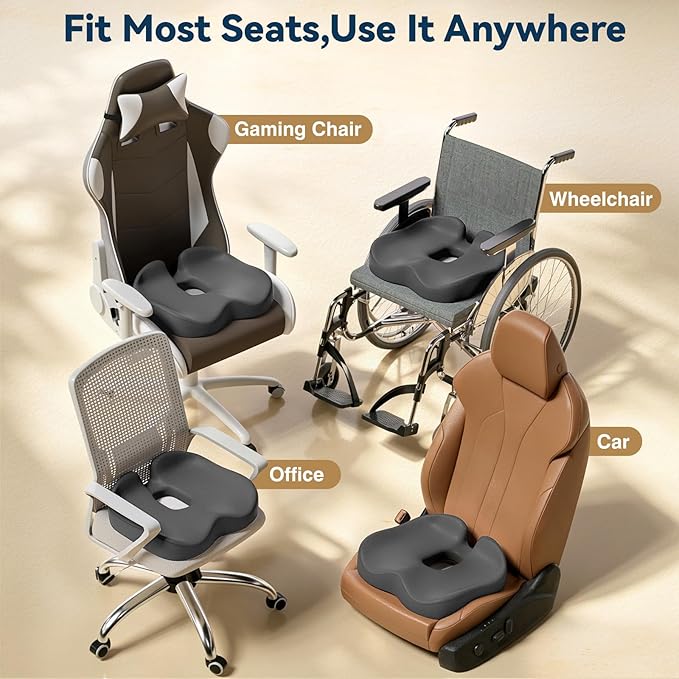 TushGuard Ergonomic Seat Cushion with Coccyx Cutout - Memory Foam Office Chair Cushions for Tailbone Pressure Relief, Non-Slip Chair Pad with Washable Cover for Car, Office, Wheelchair, Grey