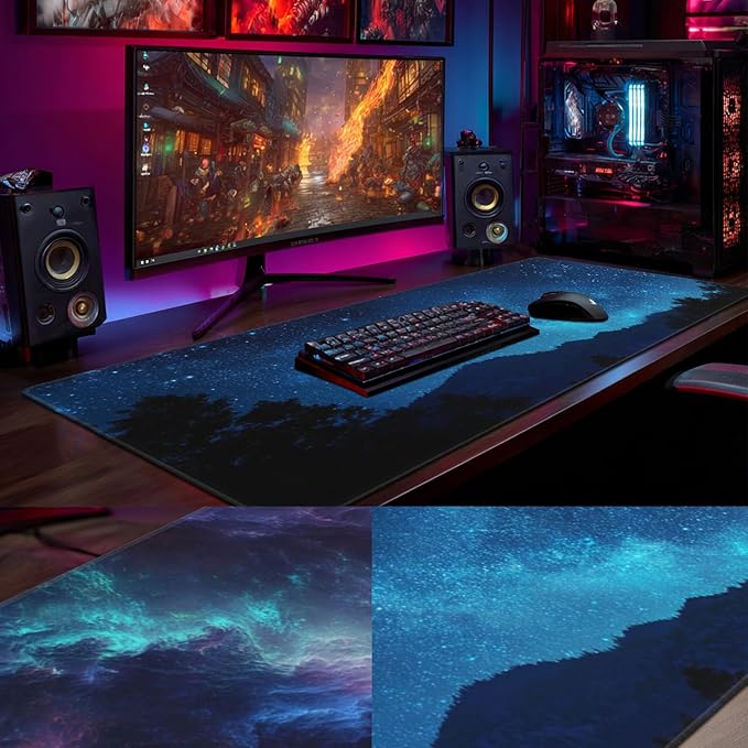 AQQA Large Desk Mat, Double-Sided Reversible Extended Mouse Pad, Galaxy and Starry Night Pattern, Waterproof & Non-Slip Gaming Keyboard Pad, Office & Home Desk Decor,31.5”x15.7”