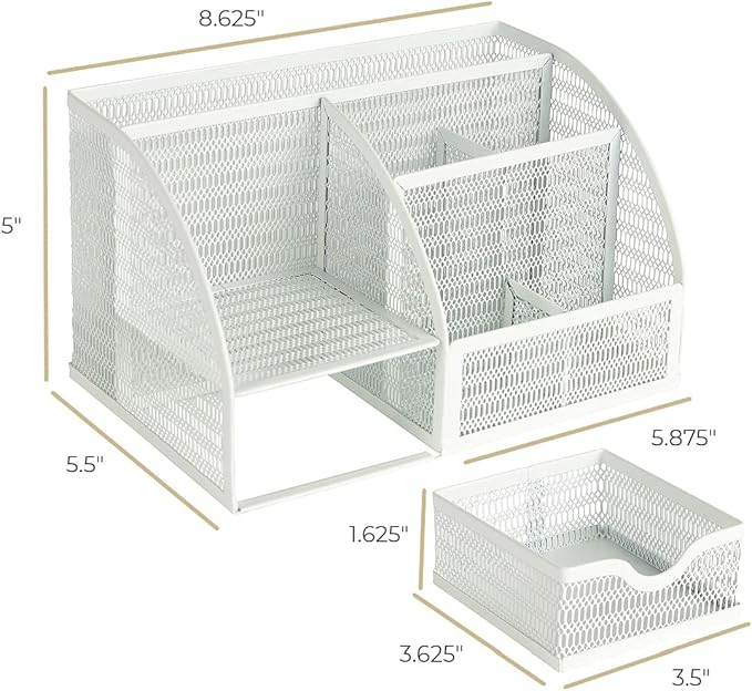 BLU MONACO | White Metal Mesh Desk Organizer with Drawer | 6-Compartment Desktop Storage for Office, School, Kitchen & Home | Modern Workspace Organizer for Pens, Papers, Supplies & Accessories