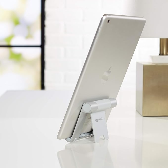 Amazon Basics Multi-Angle Portable Foldable Stand for Tablets, E-Readers and Phones, Non-Slip Desktop Holder for iPads, iPhones, Kindles, Hands-Free Viewing - Silver
