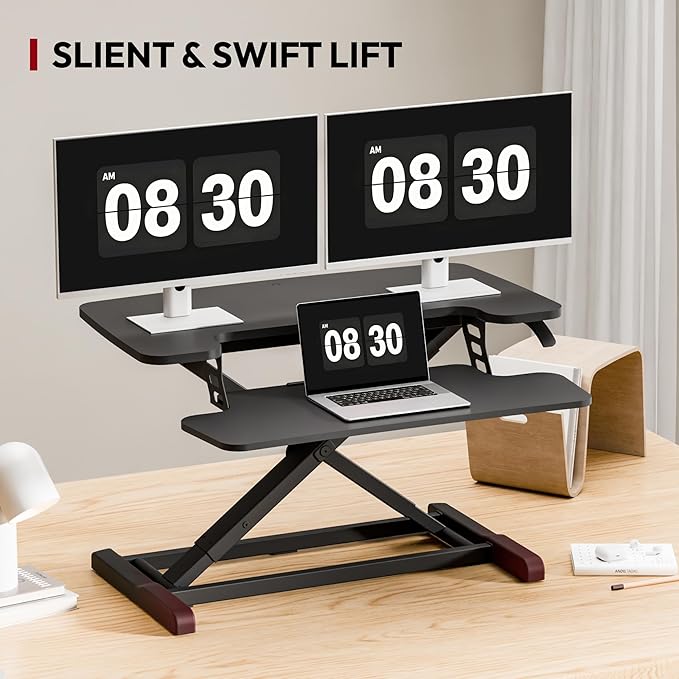 SANODESK 32" Height Adjustable Standing Desk Converter, Desk Riser Sit Stand Workstation for Home Office Laptop & Dual Monitor Setup, Ergonomic Lift Platform, Black