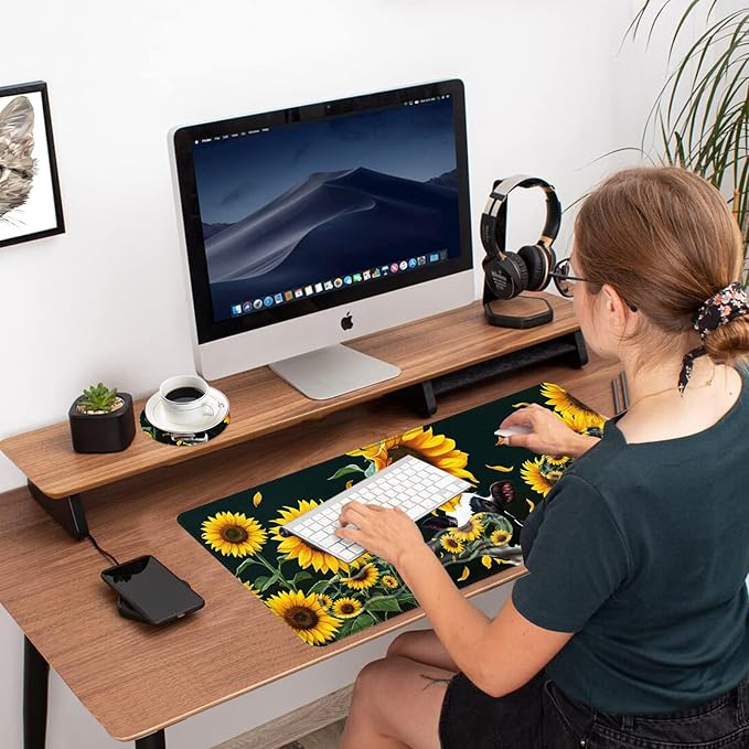 Ergonomic Mouse Pad Set with Wrist Support for Keyboard and Wrist Rest for Mouse, Memory Foam Comfort, Non-Slip Large Desk Mat for Home Office Pain Relief,Cute Sunflower Cow