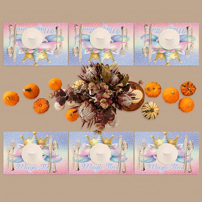 Placemats Set of 4 Heat-Resistant Rectangle Place Mats Unicorn Cute Washable Plastic PVC Dining Table Mat Non-Slip Wipeable Woven Vinyl Placemat for Kitchen Patio Table Decor