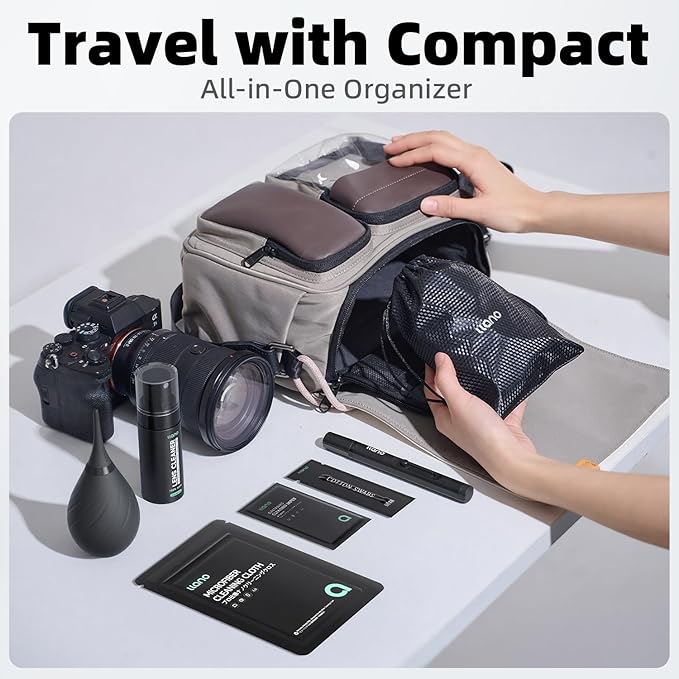 llano 7-in-1 Camera Lens Cleaning Kit with Cleaning Solution 60ml, Swab, Pen, Air Blower, Nano-Fiber Cloth, Wipes, Multifunctional Cleaning Kit for Computer PC MacBook iPhone Camera