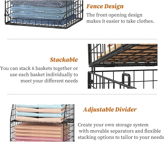 Jakyitvi 5-Tier Stackable Closet Organizers and Storage with Small Basket for Hats,Closet Storage Basket with Adjustable Dividers and 4 hooks,Clothes Shelf Bins for Closet Organizer System,Black