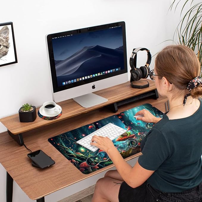 Ergonomic Mouse Pad Set with Wrist Support for Keyboard and Wrist Rest for Mouse, Memory Foam Comfort, Non-Slip Large Desk Mat for Home Office Pain Relief,Aesthetic Mushroom and Frog