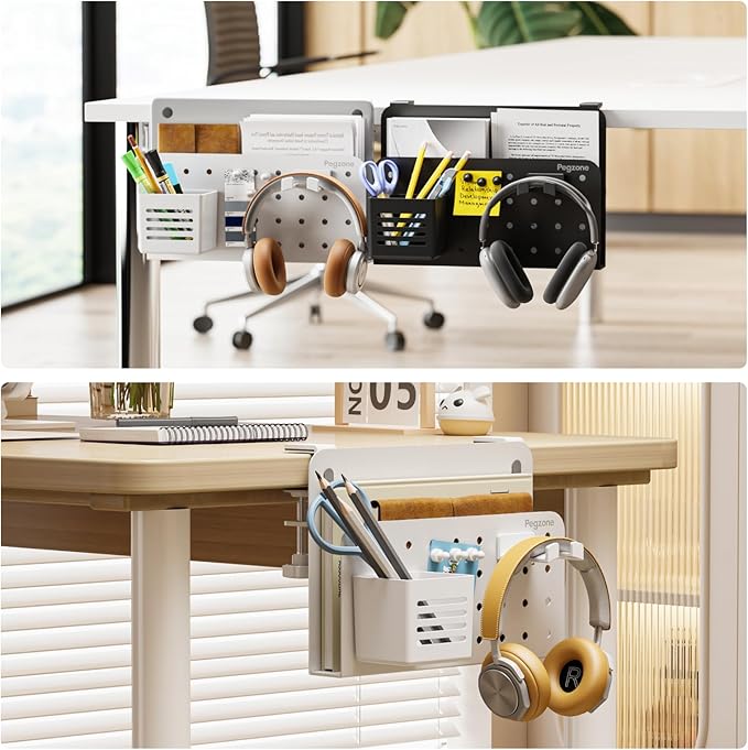 PEGZONE Desk Side Storage Organizer, No Drill Under Desk Laptop Holder, Clamp on Desks Shelf with Pegboard Accessories, Hanging Laptop Mount, Fits Flat Edge 0.4" to 2.2", White