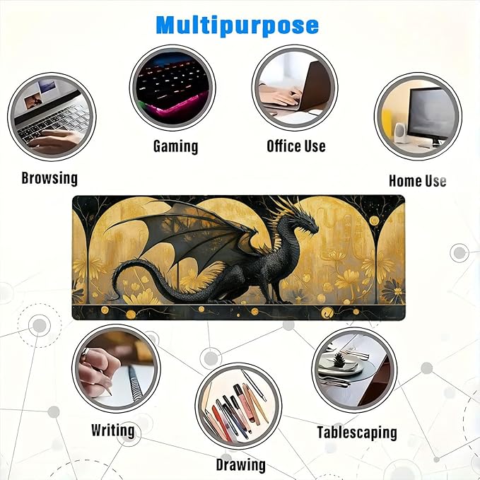 Dragon Desk Mat Black Gold Flower Petal Mousepad XL Large Gaming Mouse Pad Laptop Keyboard Mat Desk Pad for Office Desktops, Home Workstations, and Laptops 31.5x11.8 Inch