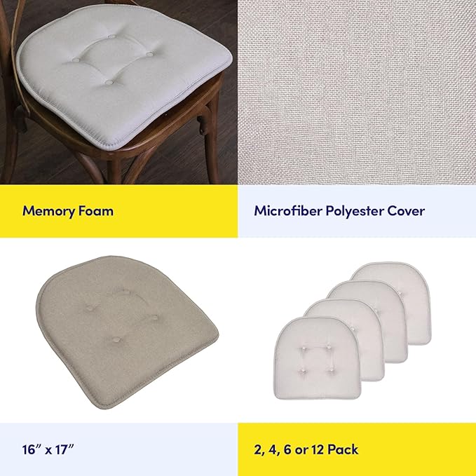 Sweet Home Collection Chair Cushion Memory Foam Pads Tufted Slip Non Skid Rubber Back U-Shaped 17" x 16" Seat Cover, Light Gray 4 Count