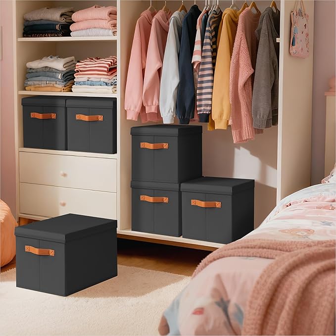 Homsorout Storage Bins with Lids - Fabric Storage Baskets for Shelves, 8 Pack Foldable Decorative Boxes with Handles, Stackable Organizer Bins for Home, Nursery, Dorm, Black