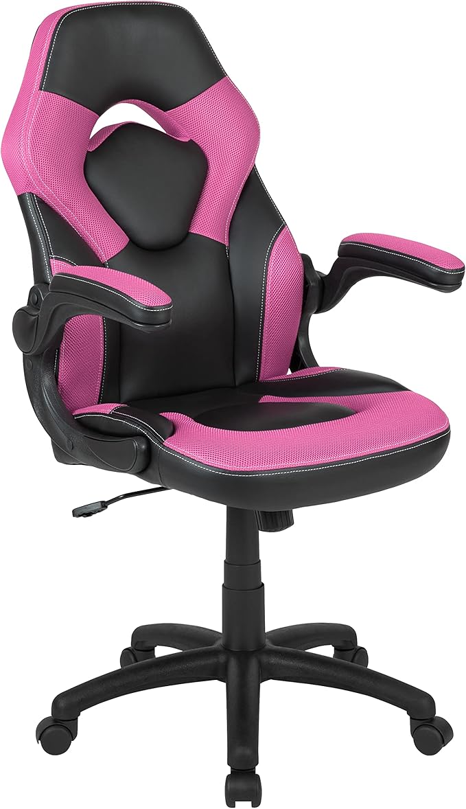 BizChair Black/Pink Gaming Desk Set with Cup Holder, Headphone Hook, and Monitor Stand