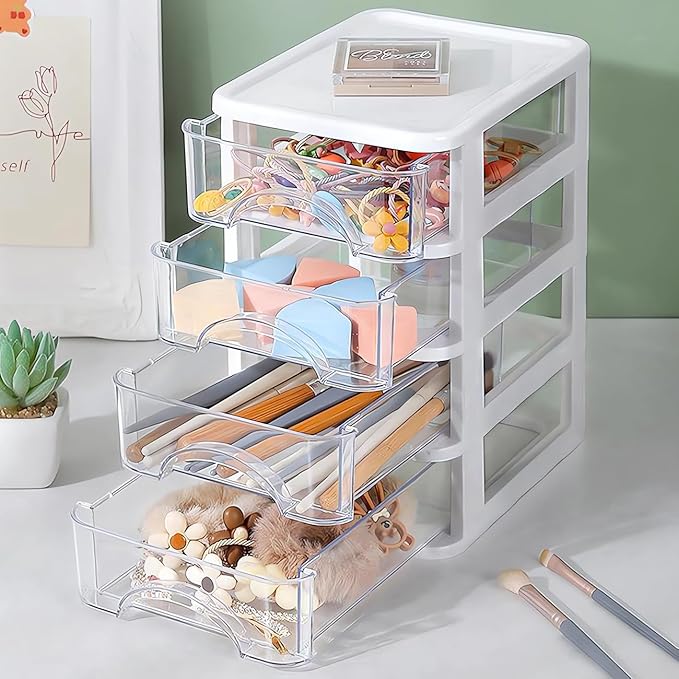 Plastic Desktop Drawer Organizer, Small Clear 4-Tier Storage Drawers, Mini Desk Organizer for Office Stationery Makeup Vanity Supplies