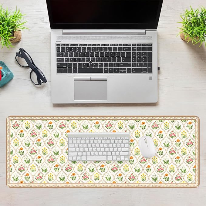 Floral Vintage Gaming Mouse Pad Cottage Floral Romantic Garden Large Gaming Mouse Mat with Stitched Edges,Non-Slip Waterproof Rubber Base Mous Mat 31.5x11.8 Inch