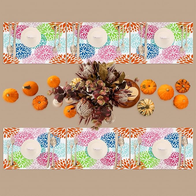 Placemats Set of 4 Heat-Resistant Rectangle Place Mats Abstract Art Flowers Washable Plastic PVC Dining Table Mat Non-Slip Wipeable Woven Vinyl Placemat for Kitchen Patio Table Decor