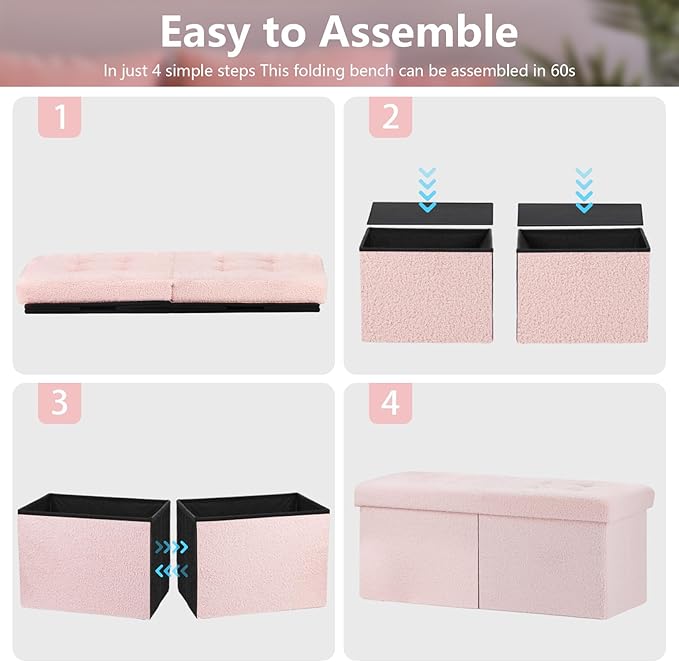Folding Ottoman Bench with Storage - 34Inches Teddy Velvet Foot Stool Ottoman Bench, Padded Seat, Storage Chest, Blanket Store for Entryway, Livingroom and Bedroom, Pink (34" D x 13" W x 13" H)