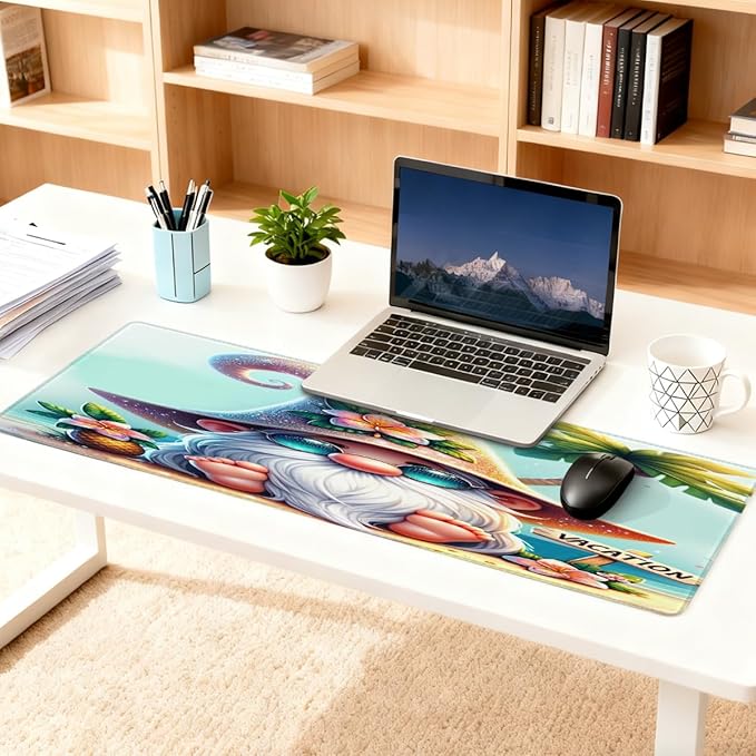 Large Mouse Pad Summer Beach Gnomes Non-Slip Rubber Long Gaming Desk Mat Big Computer Keyboard Mousepad Waterproof Protector Wristing Pad for Gaming Office Home Decorative 31.5 X 11.8 Inch